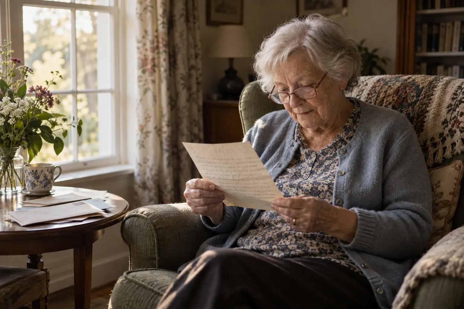Elderly woman reading a handwritten letter in an armchair by the window