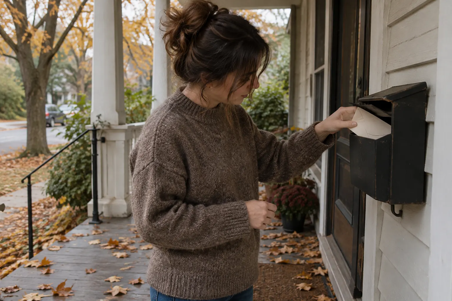 Woman taking a cream envelope out of a mailbox on her porch