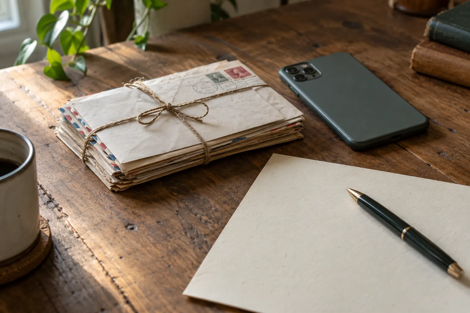 Phone lying face down next to a bundle of stamped envelopes tied with twine