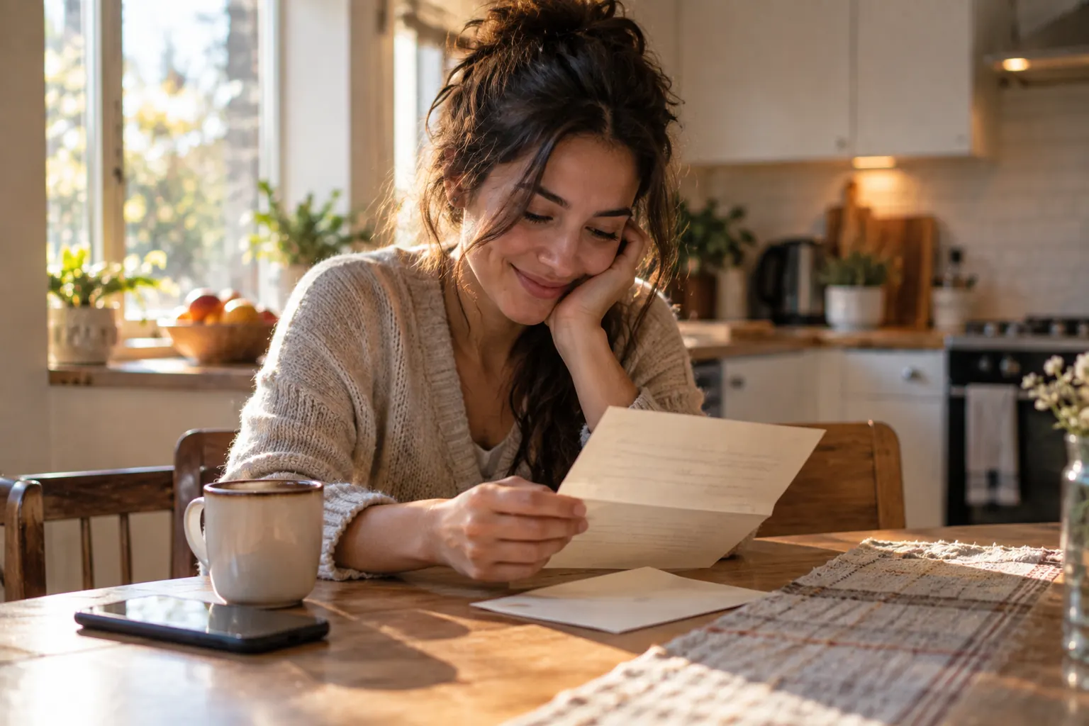 Woman smiling as she reads a letter at the kitchen table, phone face down