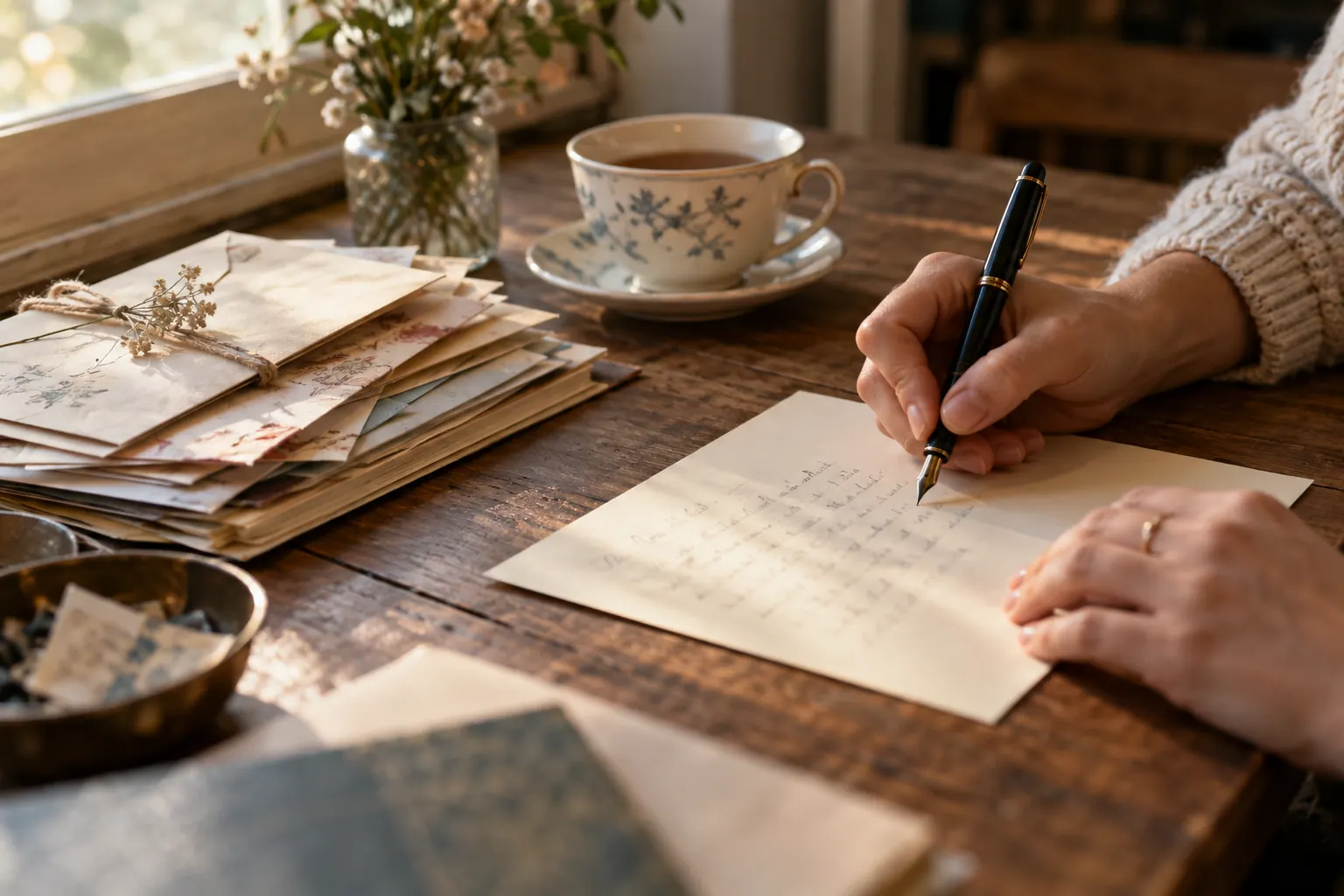 Hands writing a letter with a fountain pen on cream stationery beside a cup of tea